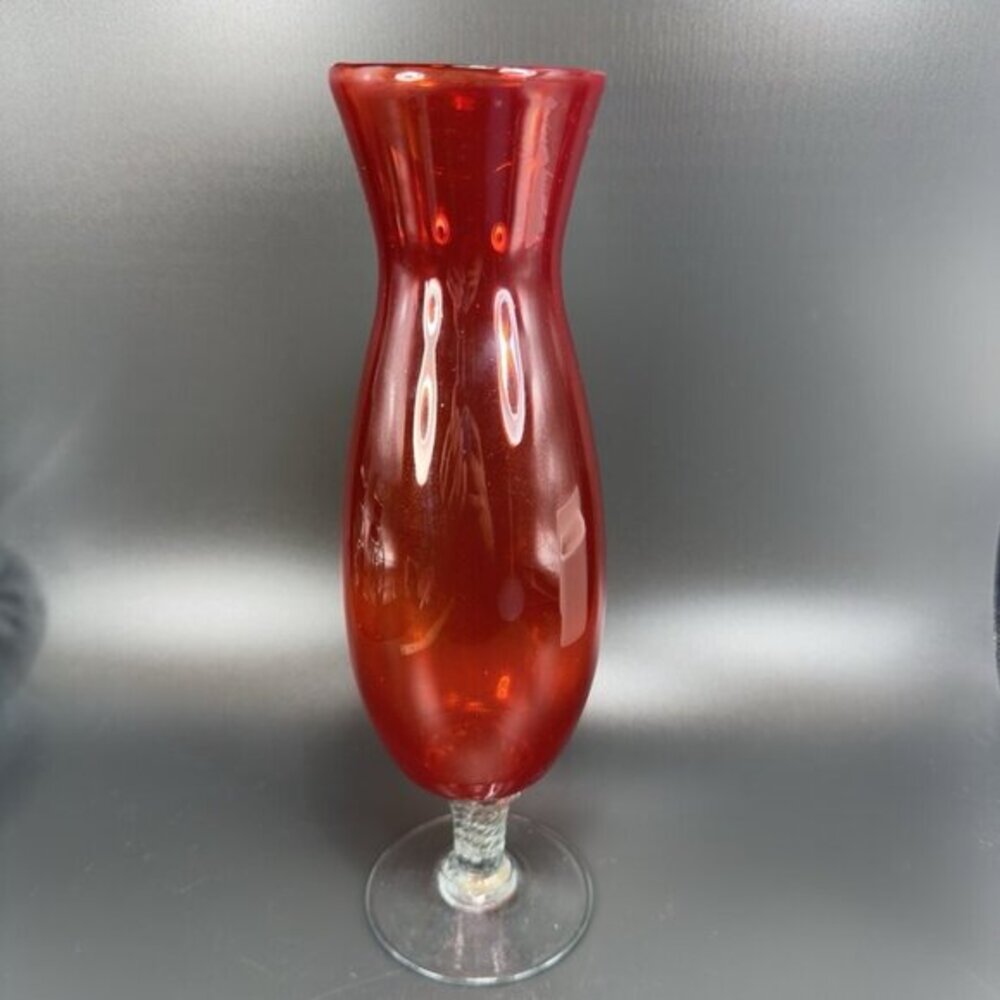 Vintage 1980s Japanese Art Glass Vase Vessel Orange With Clear Swirl Stem Bottom